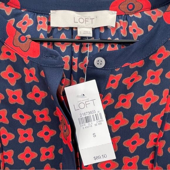 NEW Ann Taylor LOFT Drop Waist Long Sleeve Dress Red Navy Tan Floral | Small - Picture 8 of 11